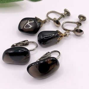 Vintage Smokey Freeform Glass Nugget Earring Lot Screw Back Clip On Dangle Stud